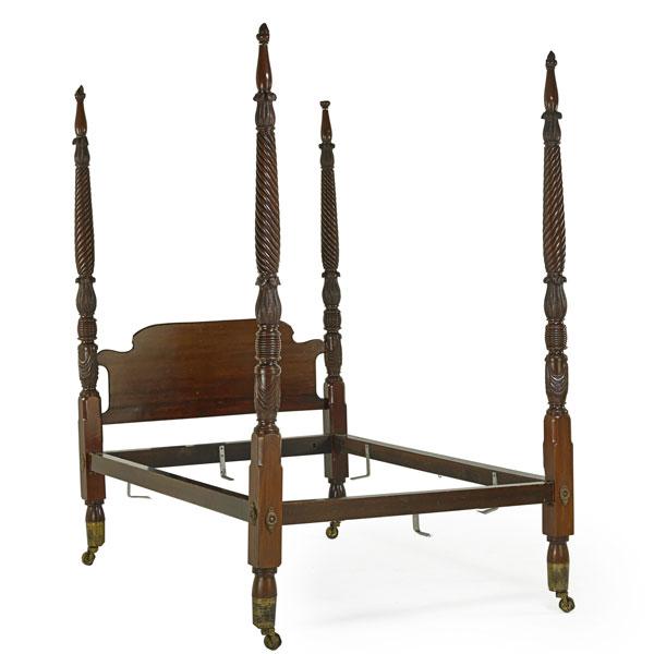 Appraisal: AMERICAN CLASSICAL FOUR POSTER BED Mahogany with barley twist supports