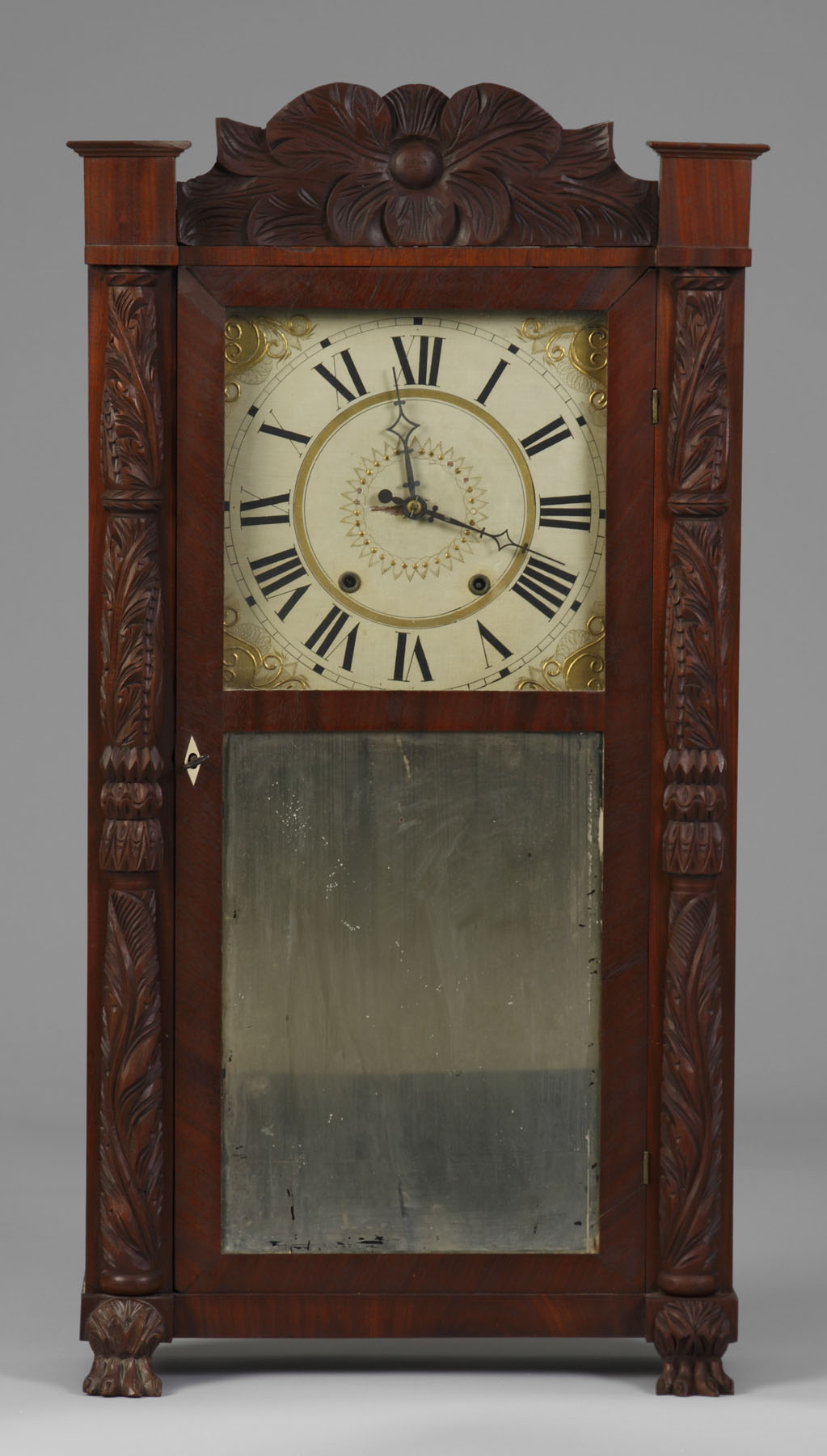 Appraisal: Rodney Brace Carved Shelf Clock Mahogany case with carved crest