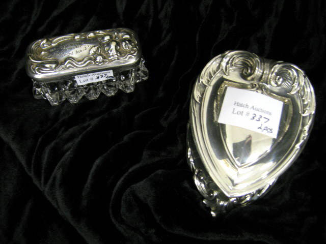 Appraisal: Silverplate Dresser Boxes heart and glass bottom with advertising