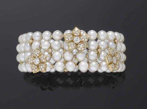 Appraisal: PEARL AND BRILLIANT-CUT DIAMOND CHOKER WITH CLASP BRACELET E MEISTER