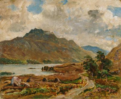 Appraisal: HERBERT F ROYLE - Autumnal Scottish Loch Scene oil on