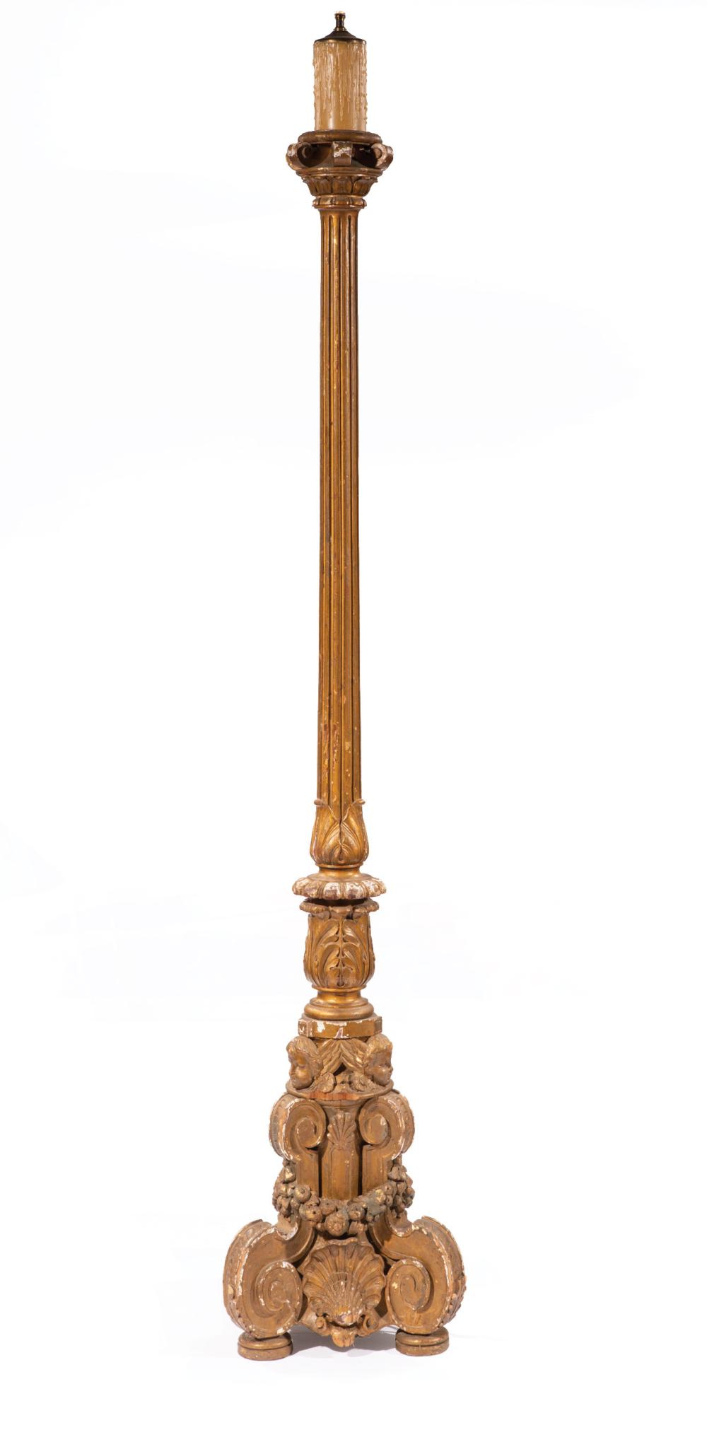 Appraisal: Continental Carved Giltwood Torchere th c fluted standard tripartite base