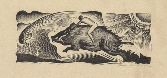 Appraisal: PAUL LANDACRE Boy Riding a Wild Boar Wood engraving on