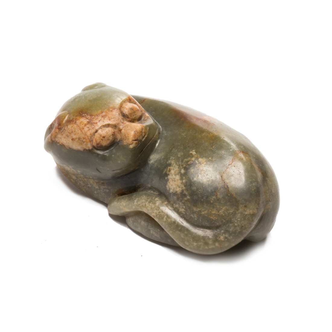 Appraisal: CHINESE MOTTLED CELADON JADE OF A CAT Chinese mottled celadon