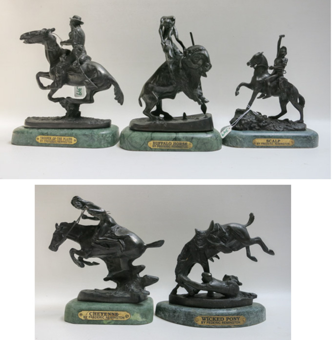 Appraisal: FIVE REMINGTON INSPIRED CAST BRONZE SCULPTURES including titles such as