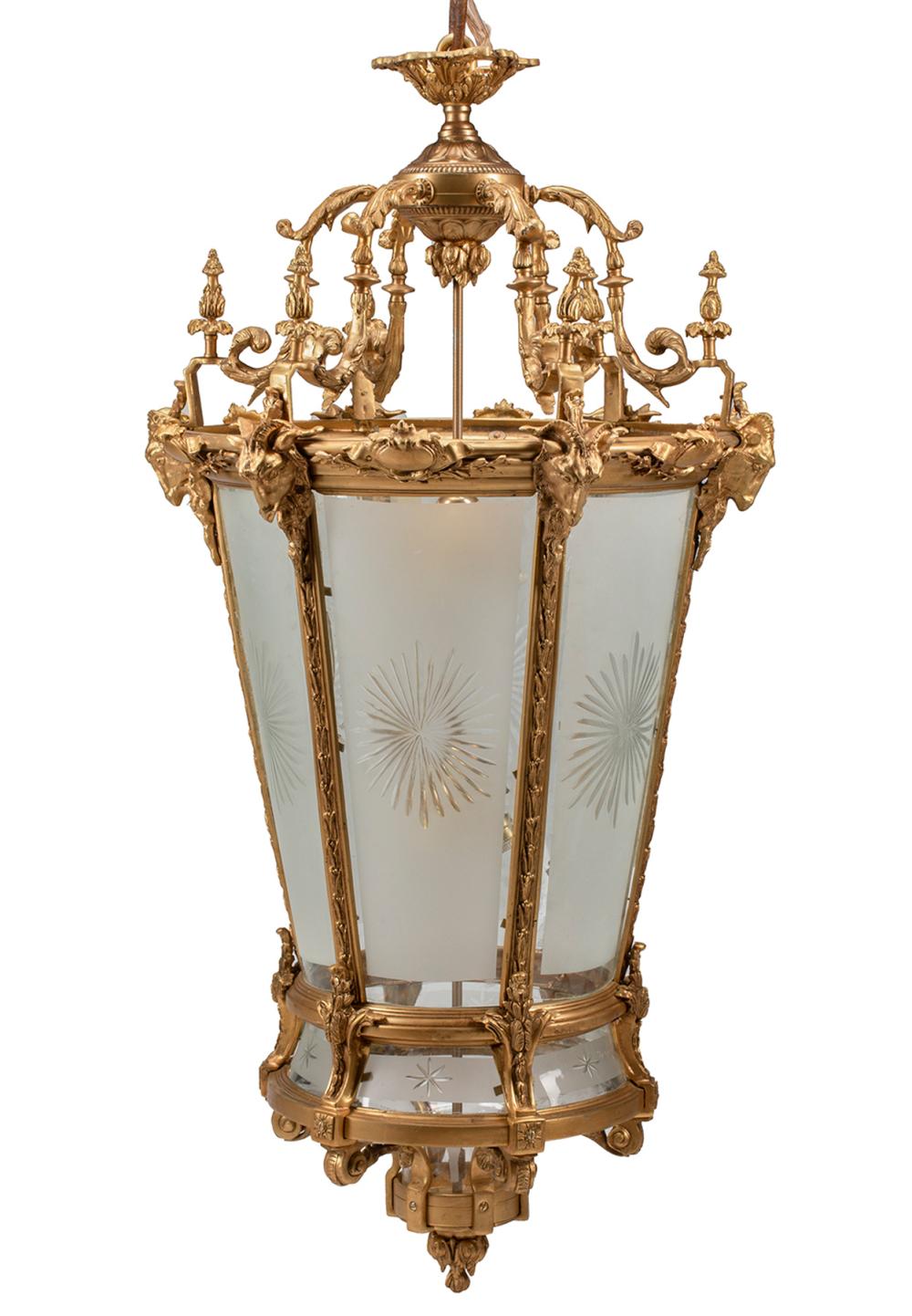 Appraisal: Large Louis XVI-Style Gilt Bronze Lantern scrolled supports hexagonal case