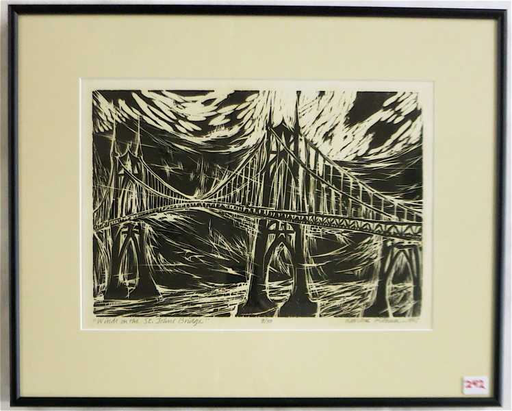 Appraisal: LAVERNE KRAUSE WOODCUT Portland Oregon - Winds on the St