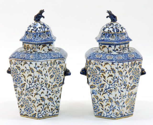 Appraisal: PAIR OF ENGLISH STAFFORDSHIRE COVERED POTPOURRI JARS th CenturyIn hexagonal