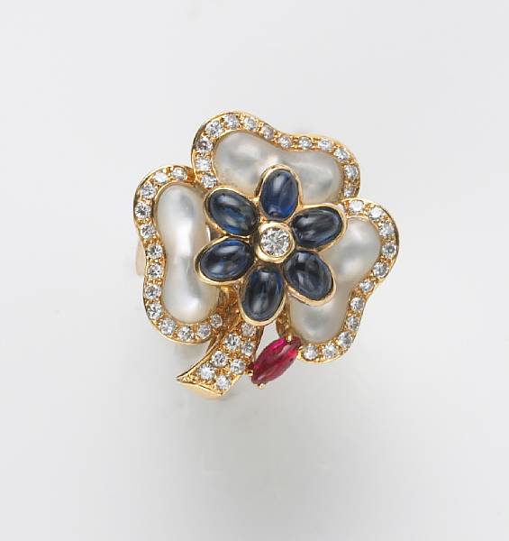 Appraisal: A sapphire mother-of-pearl diamond ruby and k gold ring