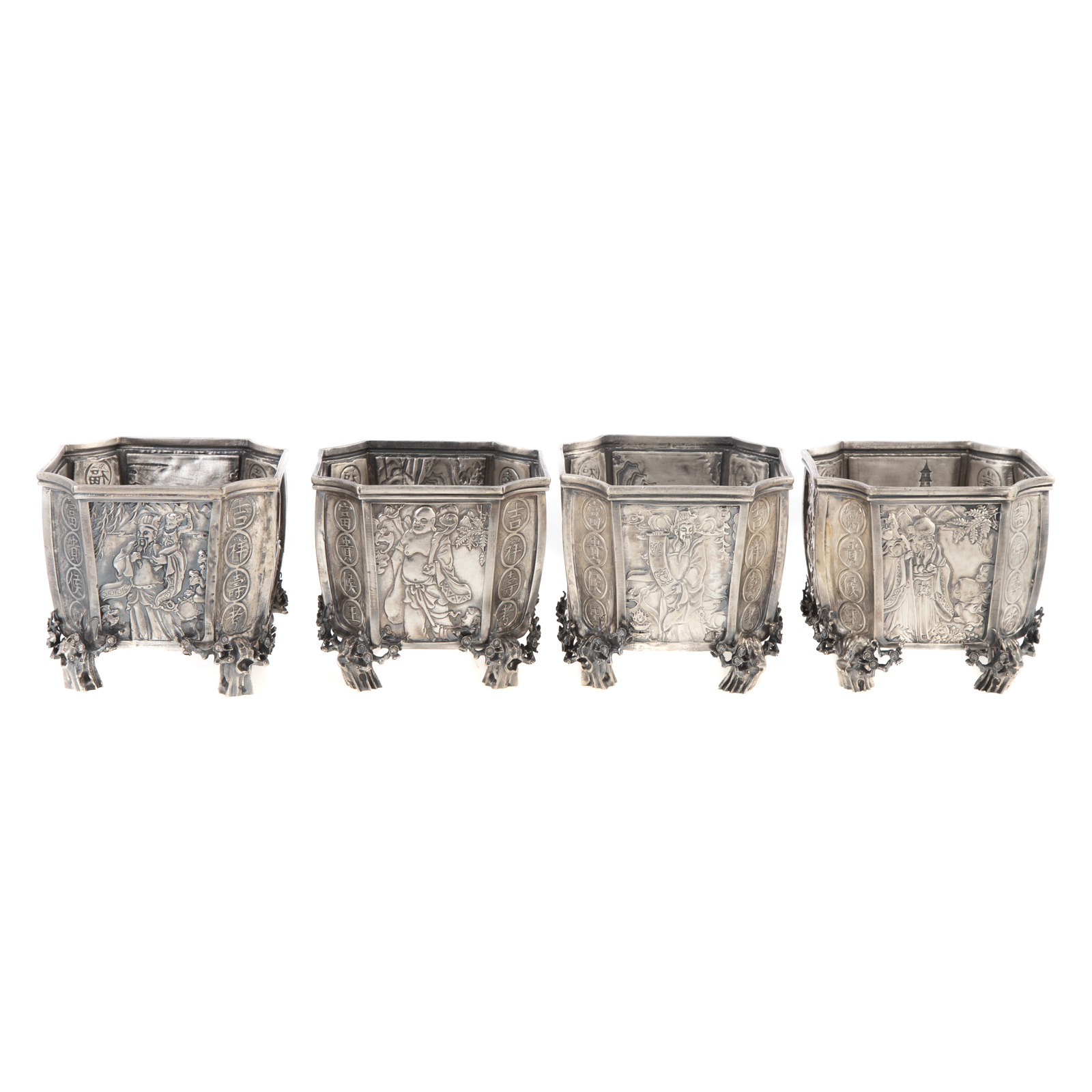 Appraisal: FOUR CHINESE SILVER JARDINIERES Shaped square the paneled sides with