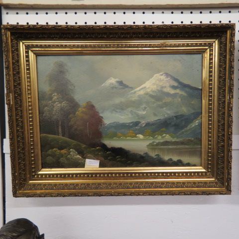 Appraisal: Antique Oil Painting of Snow CappedMountains lake below image area