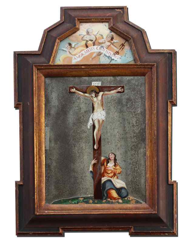 Appraisal: NINETEENTH CENTURY REVERSE PAINTED MIRROR OF CHRIST ON A CROSS