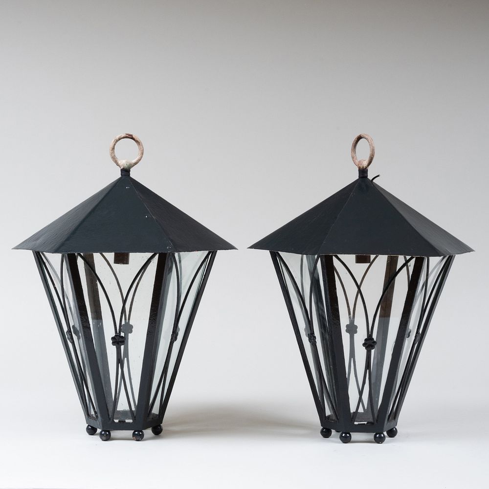 Appraisal: Pair of Dark Green Painted Hexagonal Metal Lanterns x in