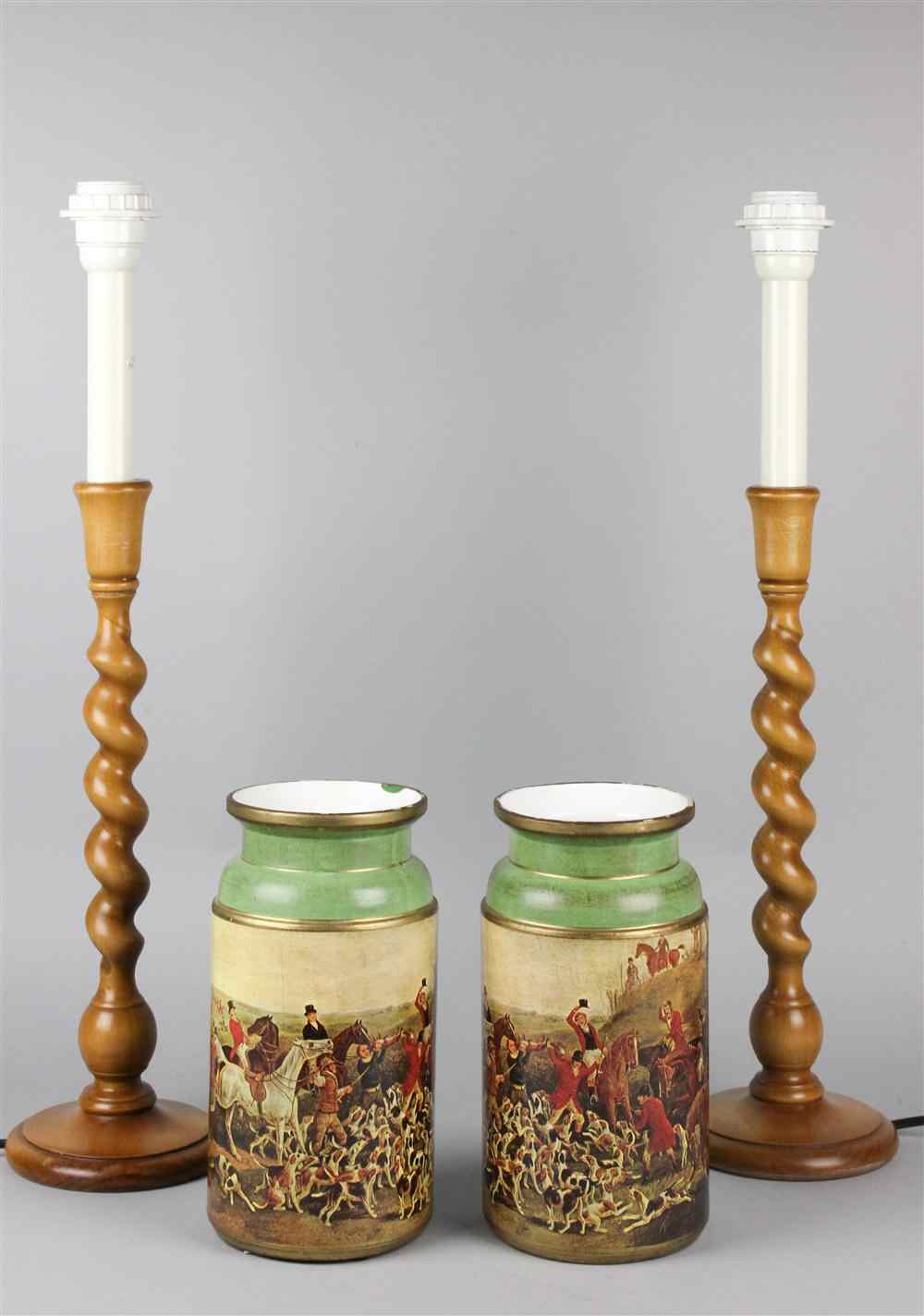 Appraisal: PAIR OF CYLINDRICAL VASES AND TWO SOLOMONIC COLUMNAR LAMPS the