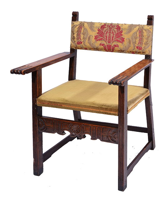 Appraisal: AN TH CENTURY SPANISH WALNUT OPEN ARM CHAIR with velvet