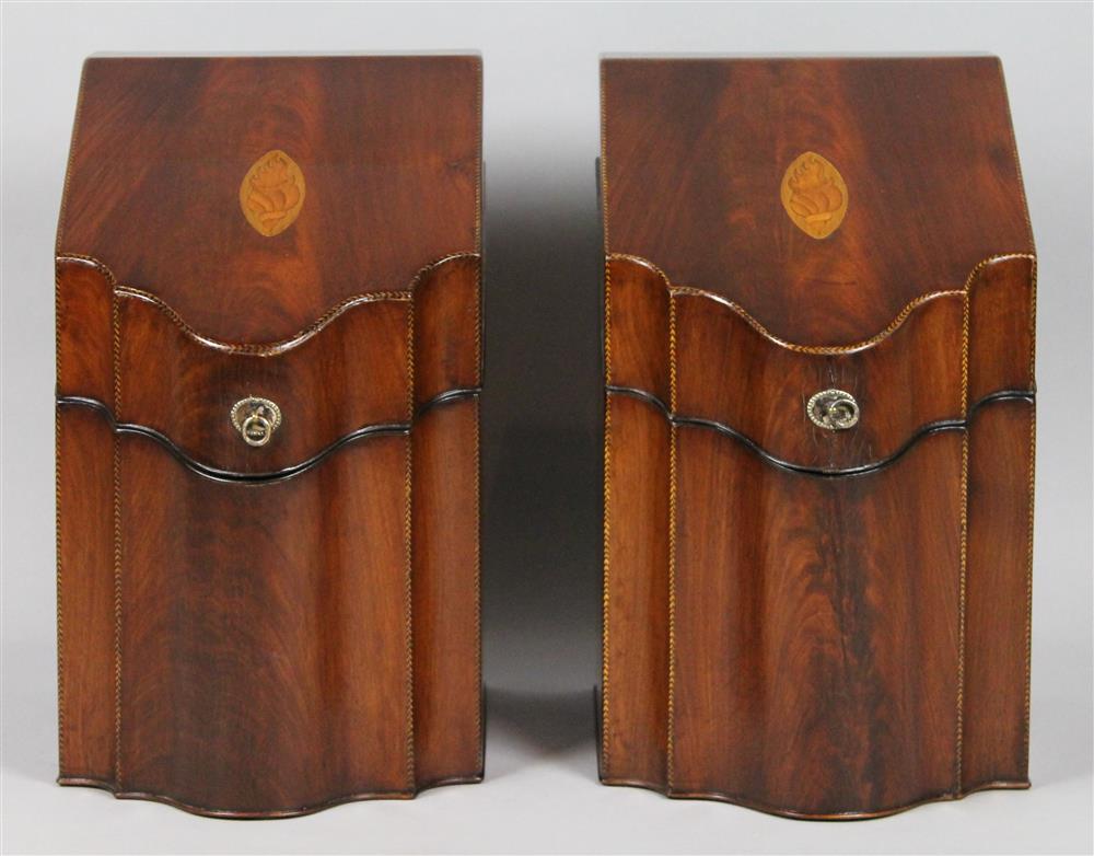 Appraisal: PAIR OF GEORGE III SHELL AND LINE INLAID MAHOGANY SERPENTINE