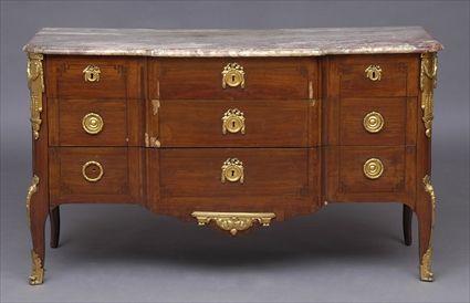 Appraisal: LOUIS XV-XVI TRANSITIONAL INLAID BOIS AMARANTH COMMODE WITH MARBLE TOP