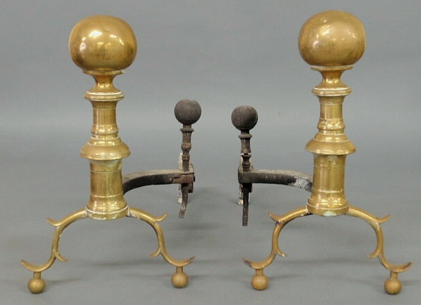 Appraisal: Pair of Federal brass ball-top andirons h x w x