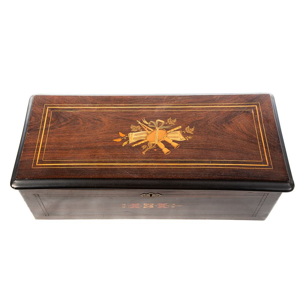 Appraisal: Swiss Inlaid Mahogany Air Music Box Late th century mahogany