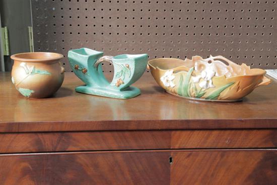 Appraisal: THREE PIECES OF ROSEVILLE POTTERY A double planter in Bittersweet