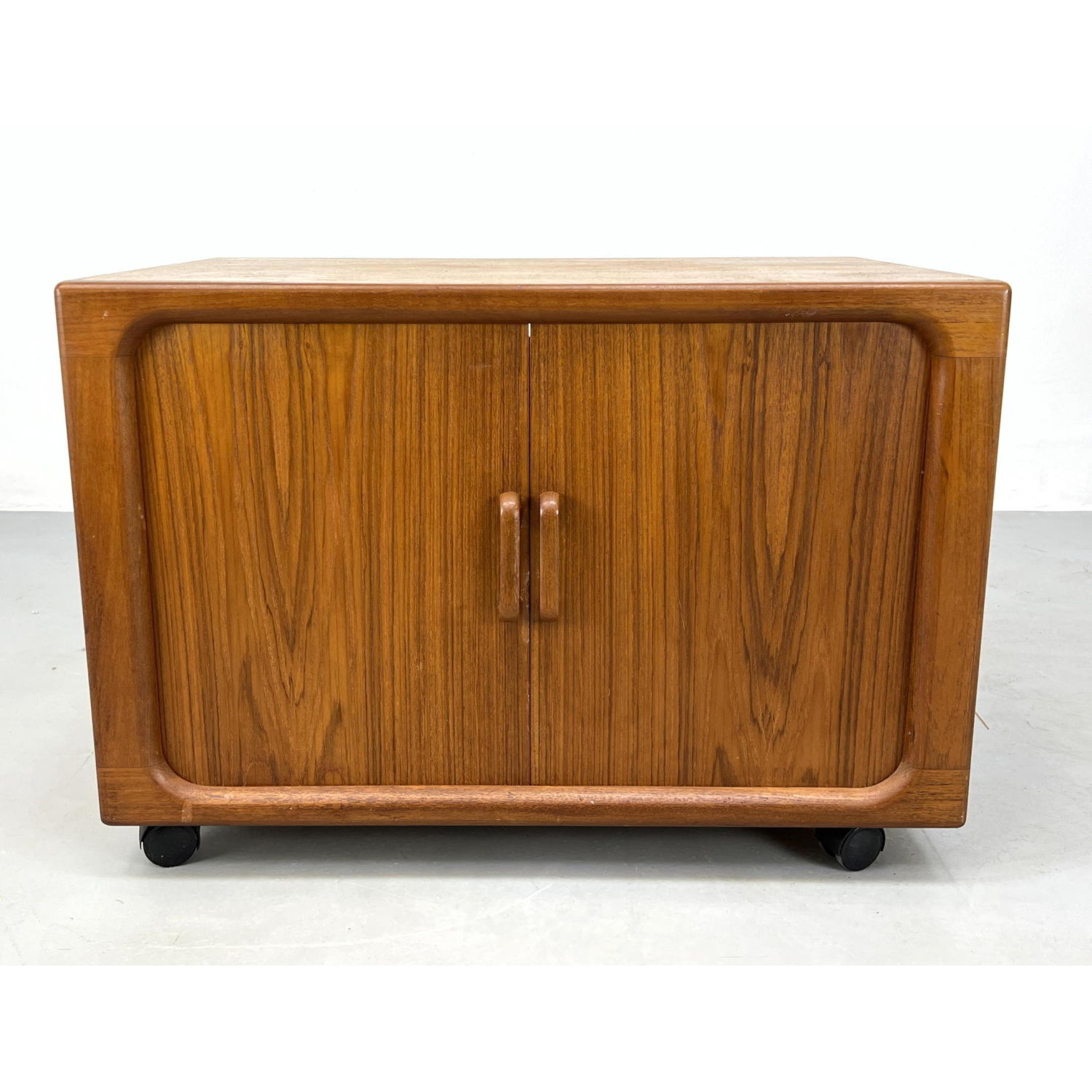 Appraisal: Danish Modern Teak rolling Server Cabinet Tambour doors Entertainment stand