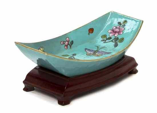 Appraisal: A Turquoise Ground Boat-Form Dish having enameled decoration of butterflies