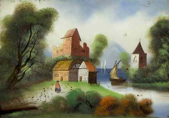 Appraisal: Artist Unknown th century Harbor Scene oil on glass x