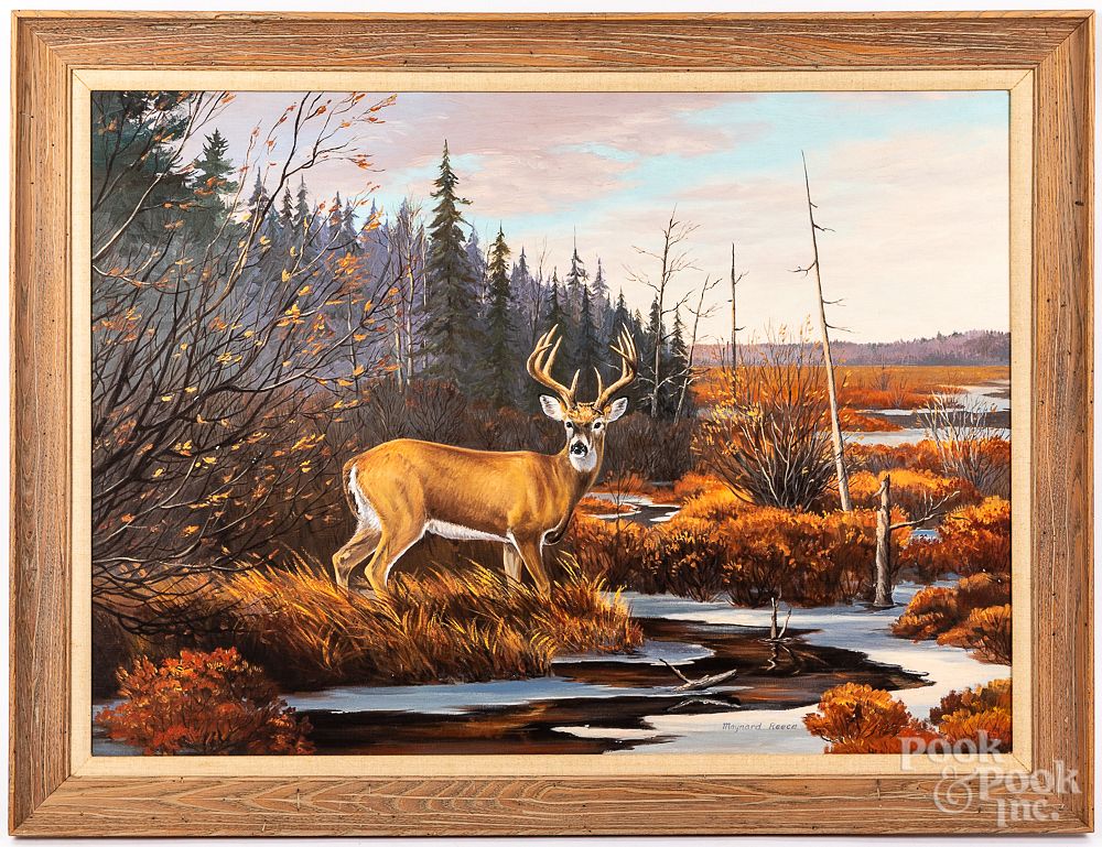 Appraisal: Maynard Reece oil on canvas stag in a landscape Maynard