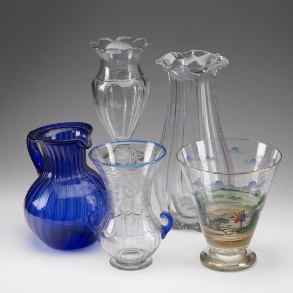 Appraisal: GLASS LOT Grouping of five pieces includes cobalt pitcher etched