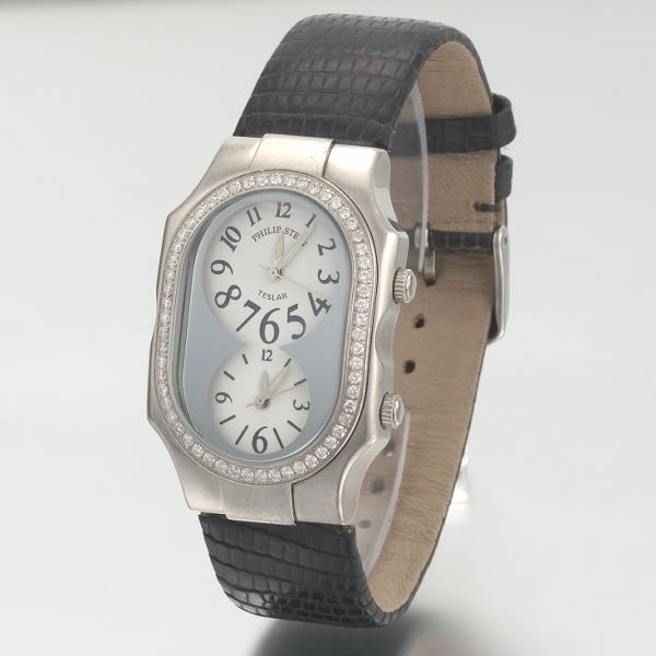 Appraisal: PHILIP STEIN TESLAR TWO TIME ZONE STAINLESS STEEL AND DIAMOND