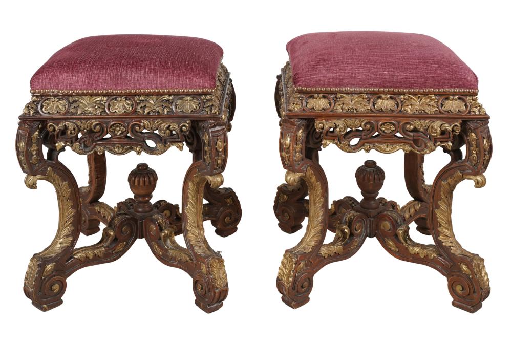 Appraisal: PAIR OF BAROQUE STYLE CARVED GILTWOOD STOOLScontemporary covered with burgundy