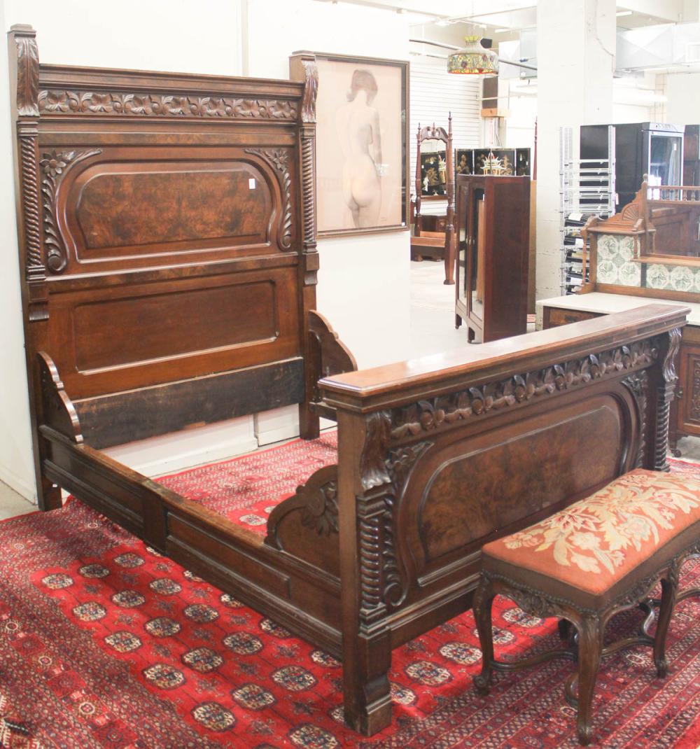 Appraisal: CARVED WALNUT AND BURL WALNUT BEDSTEAD American th century Headboard