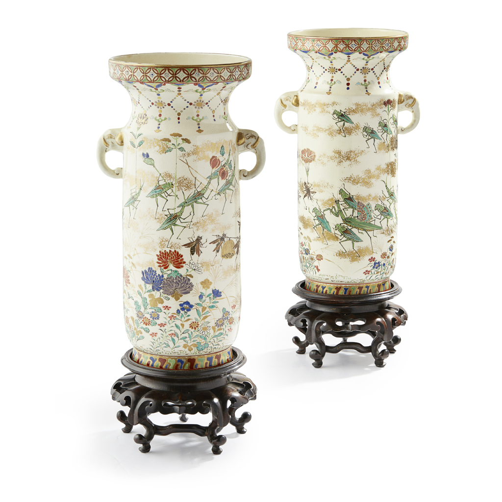 Appraisal: PAIR OF SATSUMA 'INSECTS' VASES MEIJI PERIOD of cylindrical form