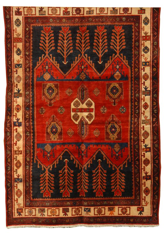 Appraisal: ORIENTAL RUG MALAYER ' x ' Geometric crimson field of