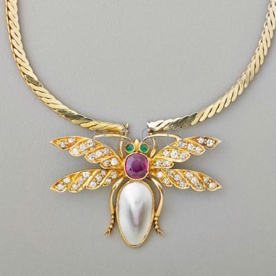 Appraisal: JEWELED K GOLD DRAGONFLY NECKLACE Late Victorian revised dragonfly brooch