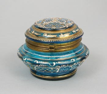 Appraisal: An Enameled Glass Trinket Box An elaborately enameled blue glass