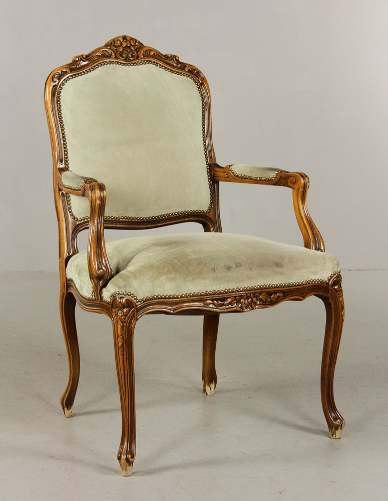 Appraisal: - French Style Chair French style chair with suede upholstery