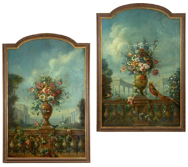 Appraisal: Two Continental still life paintings Each arched panel centered by