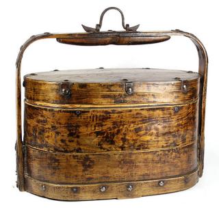 Appraisal: Chinese Wooden Carrying Basket Chinese two tiered wooden carrying basket