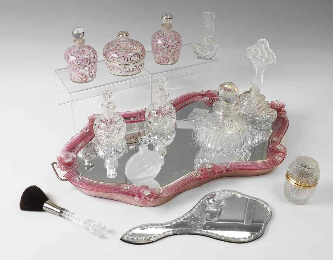 Appraisal: VENETIAN GLASS MIRROR TRAY PERFUME BOTTLE COLLECTION Mirror dresser tray