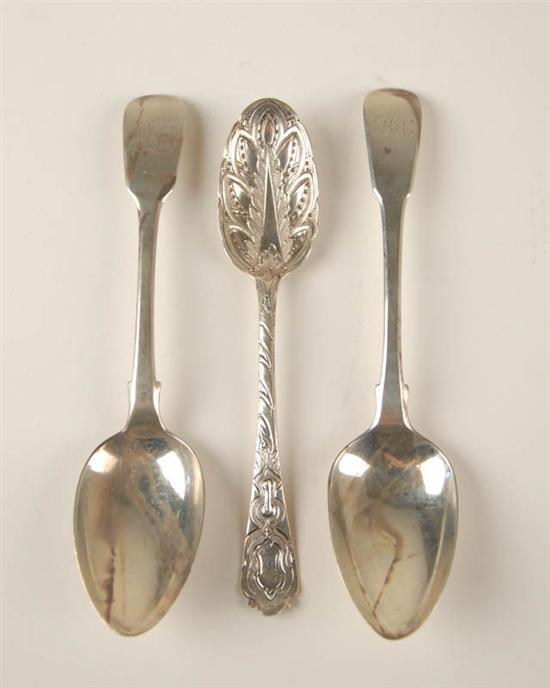 Appraisal: Three Early English Sterling Dessert Spoons one with ornated engraved