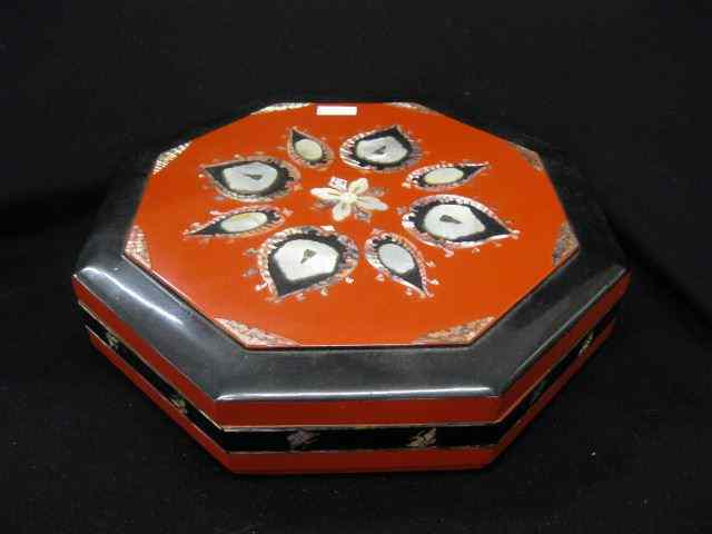 Appraisal: Japanese Lacquerware Box mother-of-pearl inlay inner compartments '' octagonal