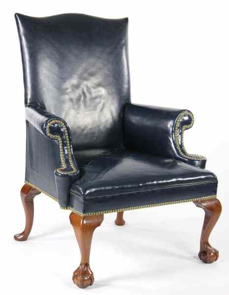 Appraisal: Pug Moore Chippendale Style Arm Chairdeep blue leather upholstered seat