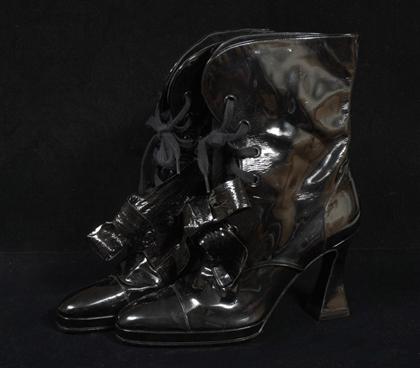 Appraisal: Chanel black patent leather lace-up ankle boots s With exaggerated