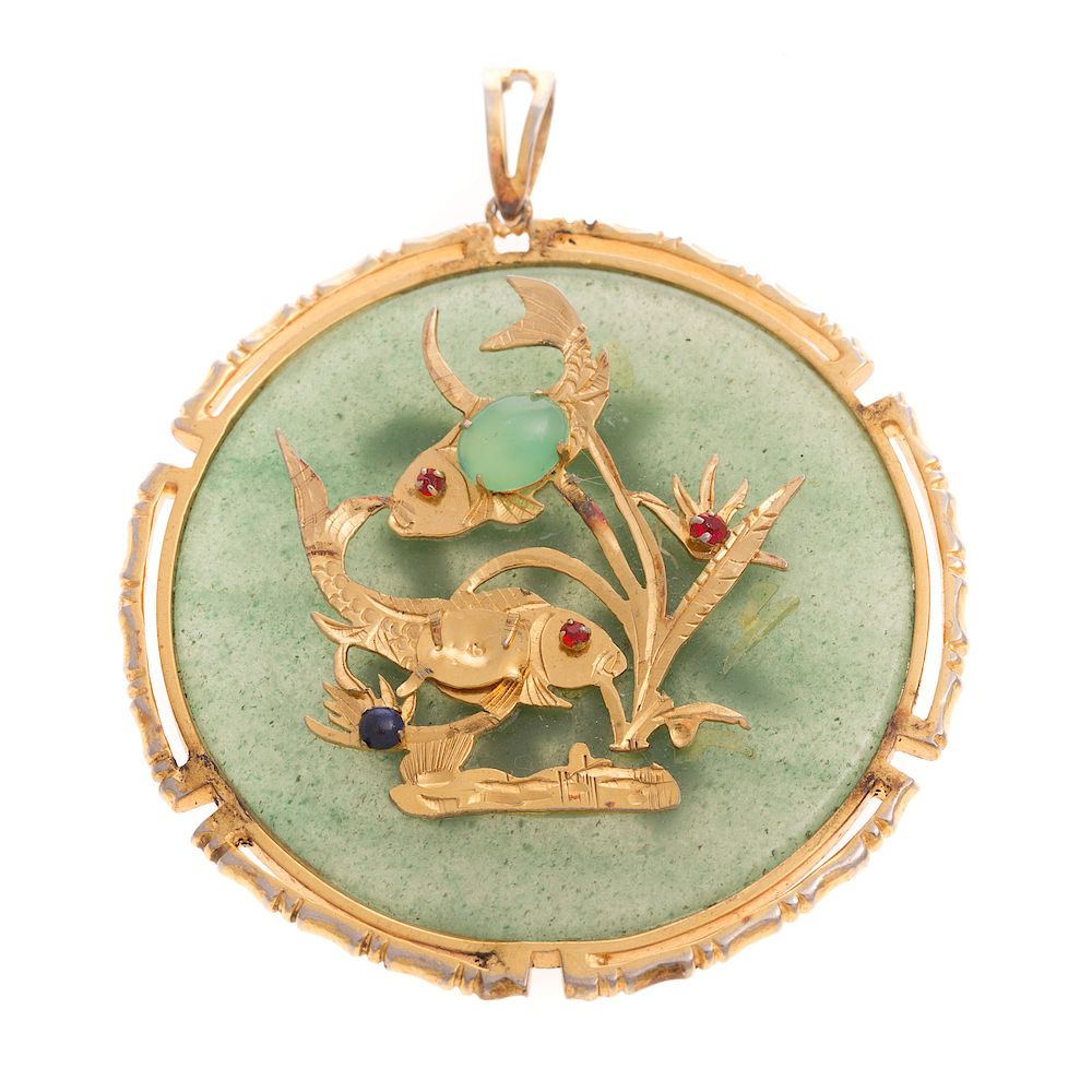 Appraisal: A Ladies Jade Disc Fish Pendant in K K yellow