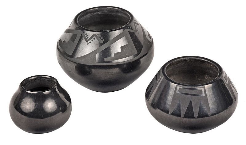 Appraisal: Three San Ildefonso Black on Black Pots two signed Marie