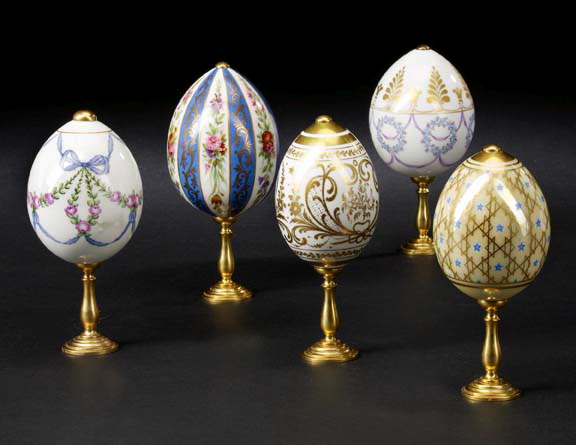 Appraisal: Collection of Five Franco-Russian Polychromed and Parcel-Gilt Porcelain Easter Eggs