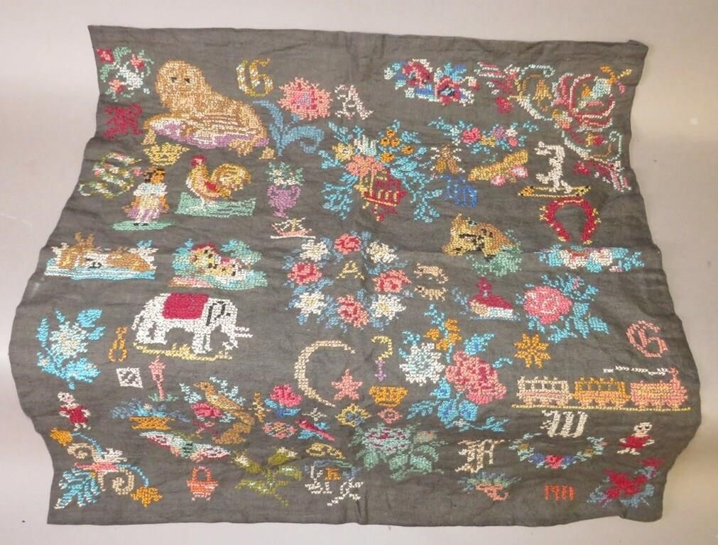 Appraisal: COLORFUL LATE ERA CROSS-STITCH SAMPLER ON BLACK DYca dated school