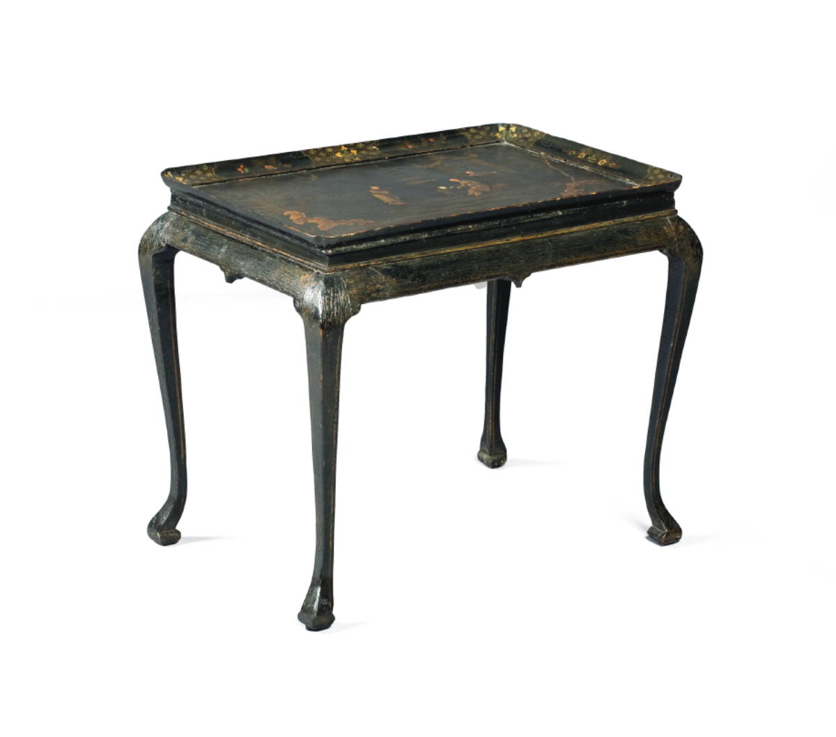 Appraisal: IMPORTANT ENGLISH QUEEN ANNE JAPPANNED TRAY-TOP TEA TABLE WITH CHINNOISORIE