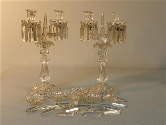 Appraisal: Pair of French two branch moulded glass candelabra with hanging